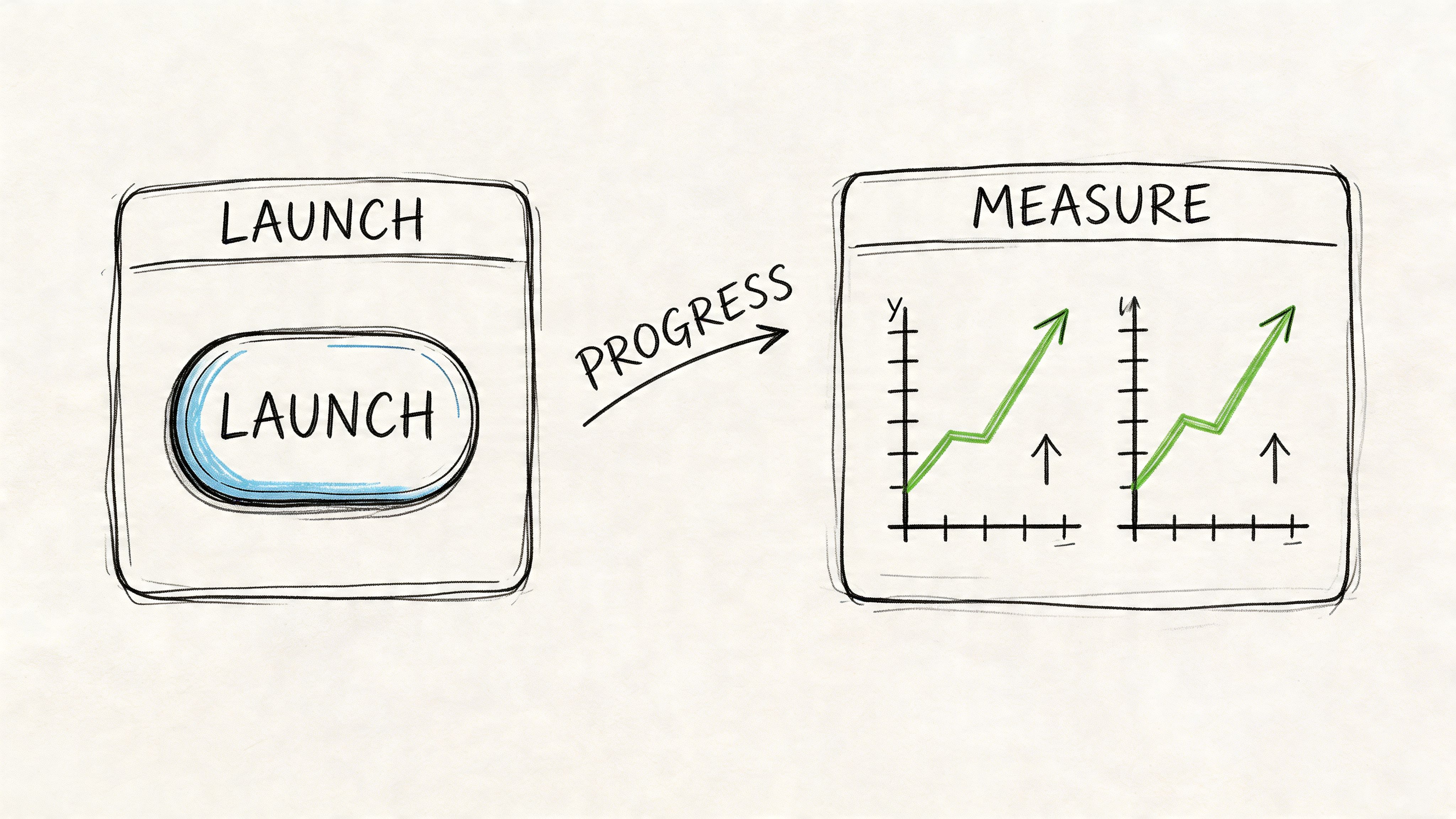 A hand-drawn illustration showing a launch button connecting to growing performance charts labeled with progress.
