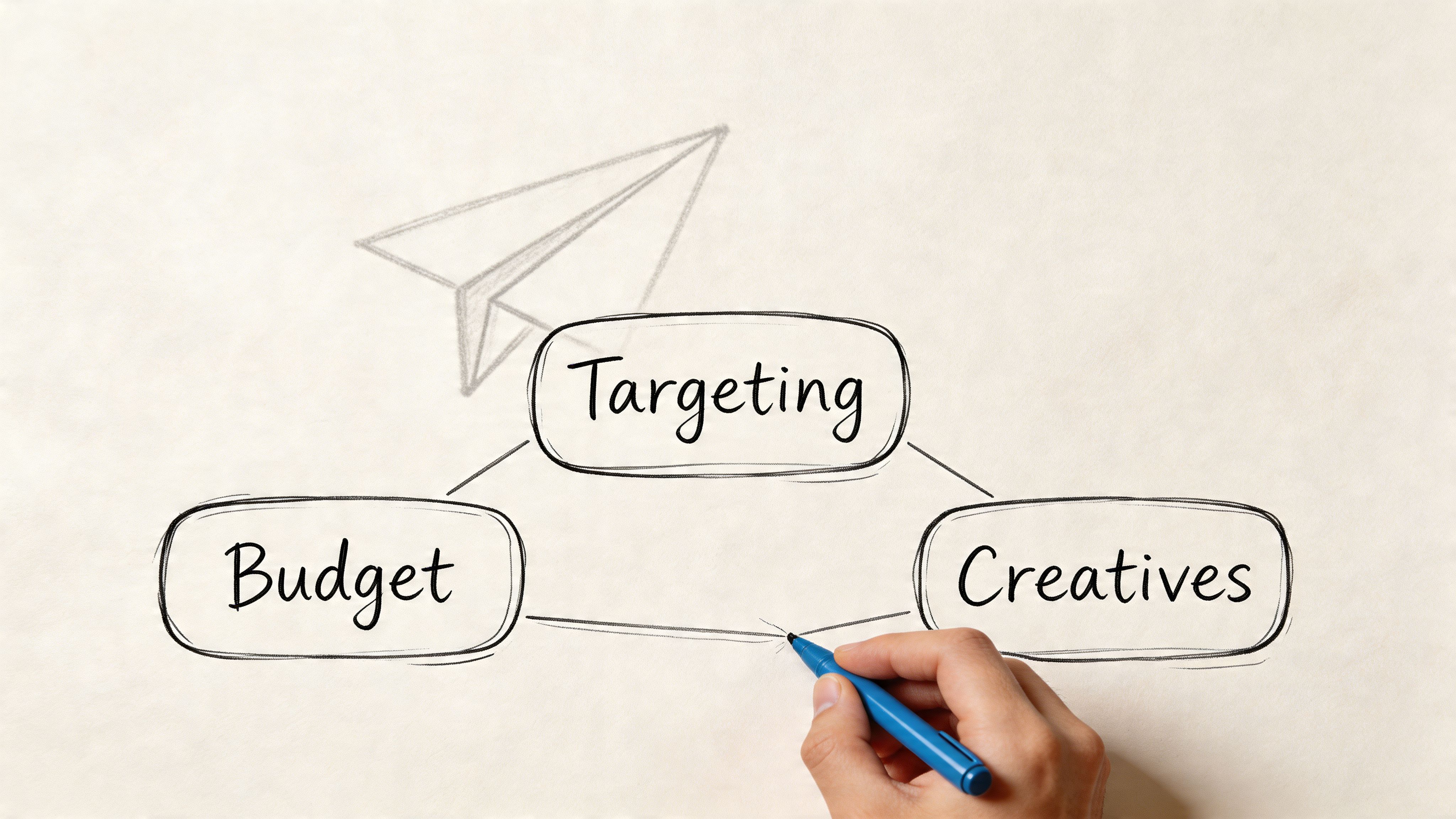 A hand drawing a diagram connecting budget, targeting, and creatives to illustrate successful advertising on telegram.
