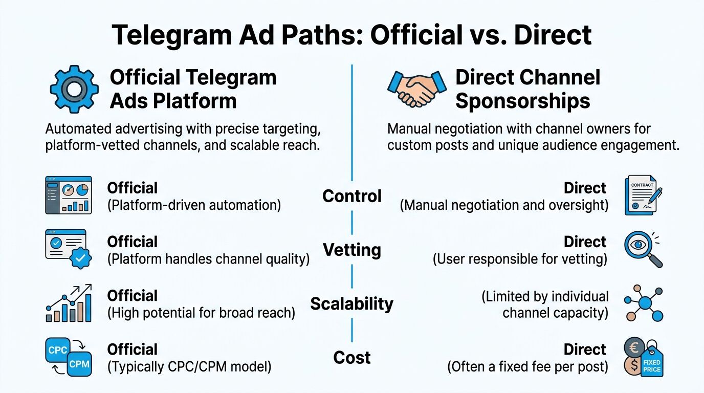 A comparison chart showing the differences between Official Telegram Ads and Direct Channel Sponsorships for marketing.