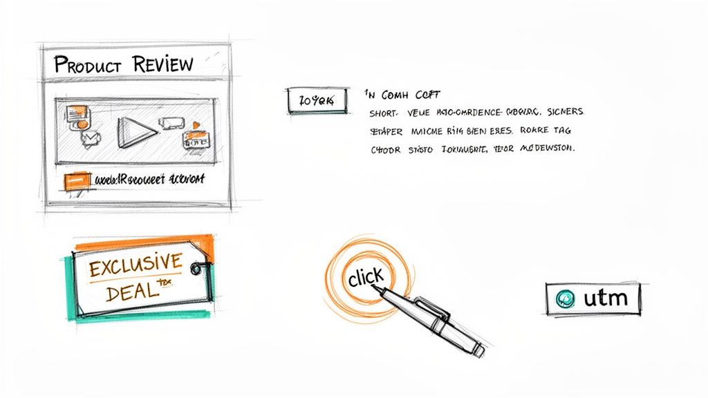 Hand-drawn sketch illustrating affiliate marketing elements like product reviews, exclusive deals, click tracking, and UTM.