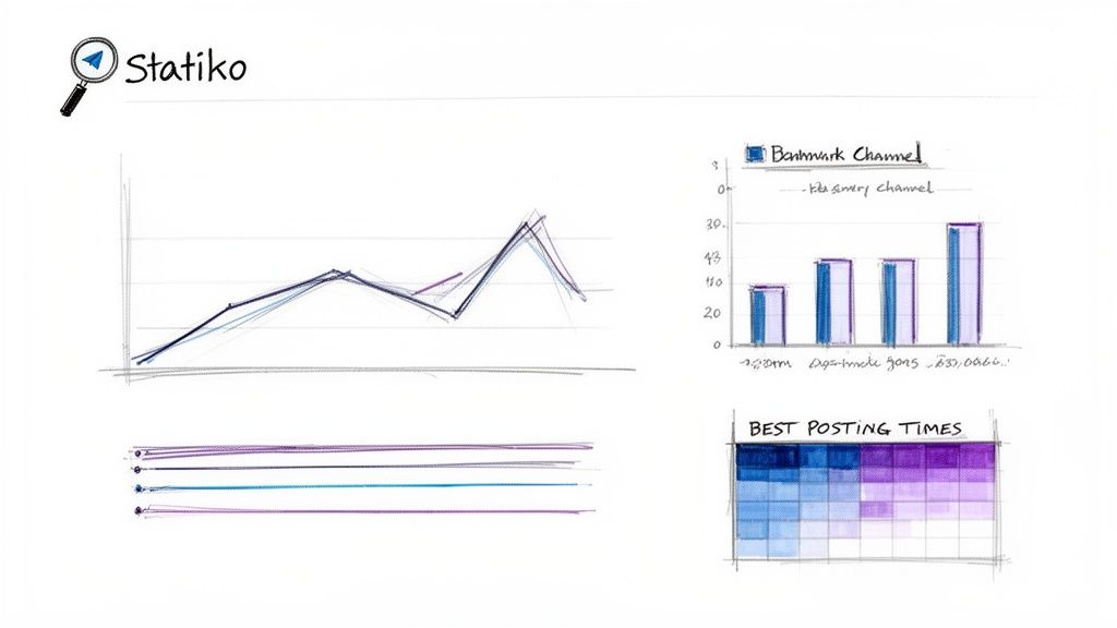 Hand-drawn sketch of data analysis charts including line graph, bar chart, and heatmap, titled Statiko.
