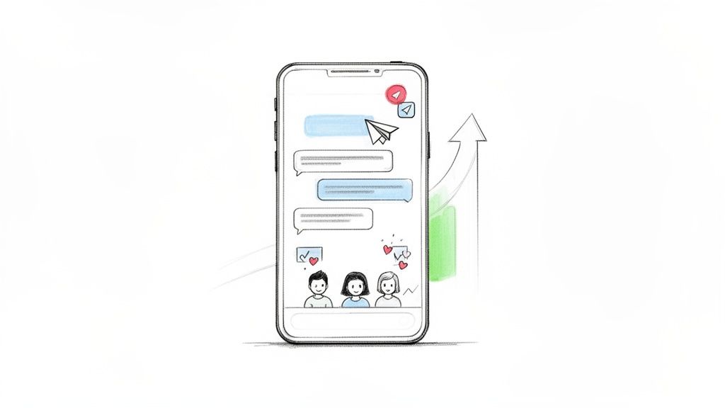 Illustration of a smartphone chat with messages, user profiles, and an upward trending graph indicating growth.