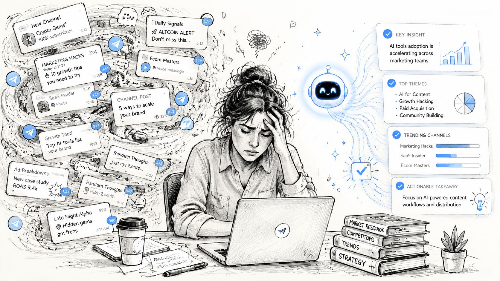 A woman overwhelmed by digital notifications is helped by an AI assistant summarizing Telegram channel information.