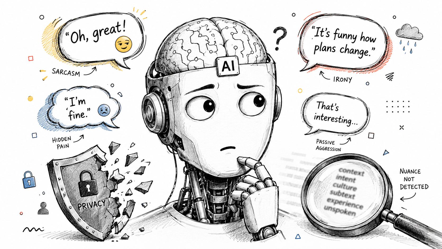 A robot head struggling to interpret human nuances like sarcasm, hidden pain, and irony in language.