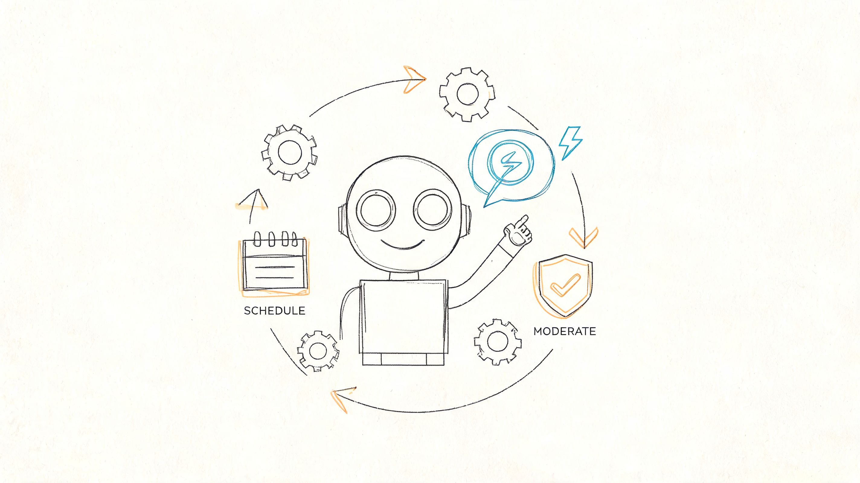 A hand-drawn sketch of a friendly robot character managing digital tasks with scheduling and content moderation icons.