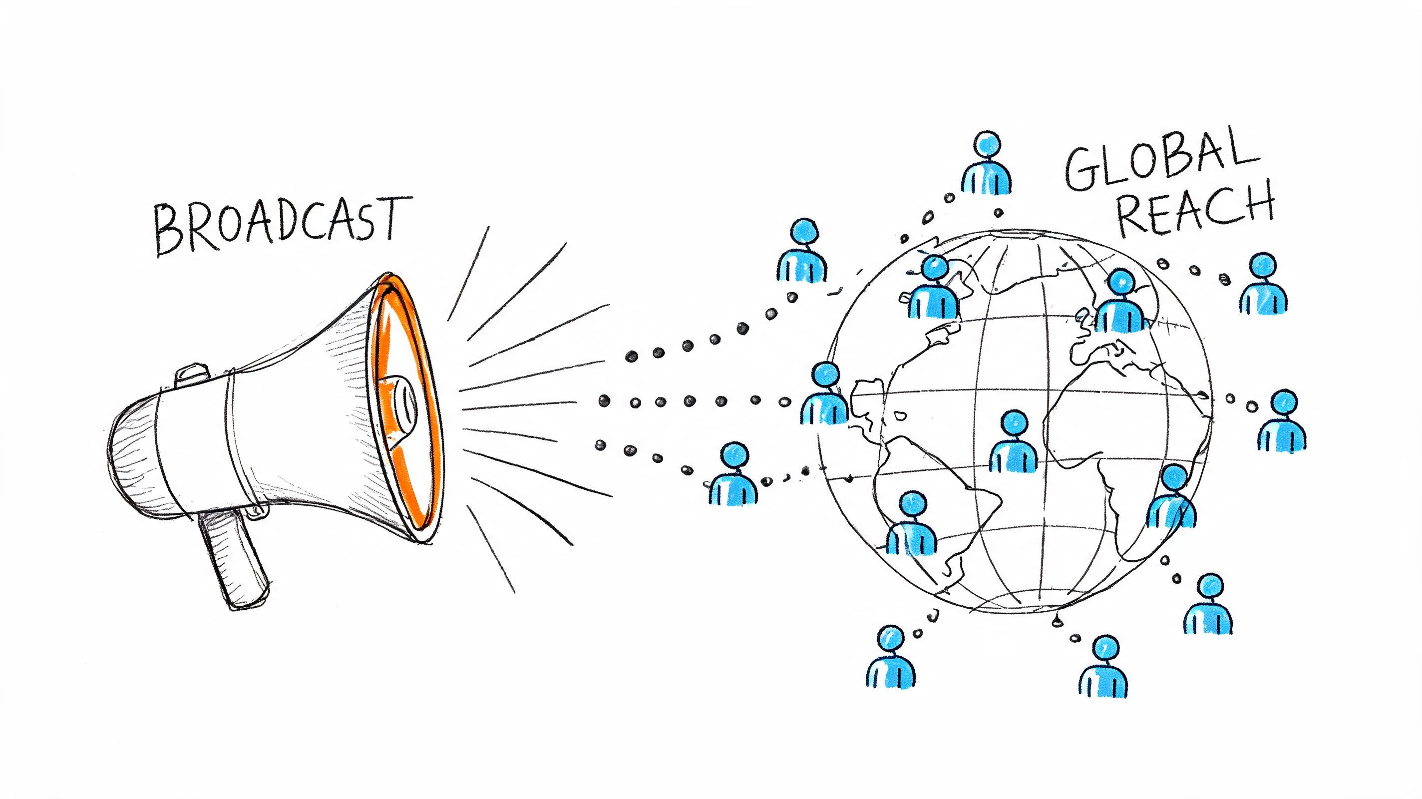 A hand-drawn illustration showing a megaphone broadcasting a signal towards a globe with connected people icons.