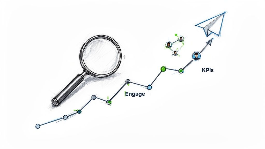Hand-drawn illustration of business growth with analysis, engagement, KPIs, and a paper plane.