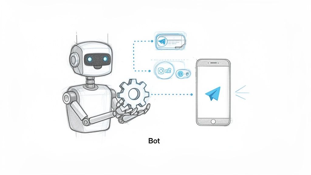 A cartoon robot (bot) interacts with a smartphone displaying the Telegram app, showcasing bot integration.