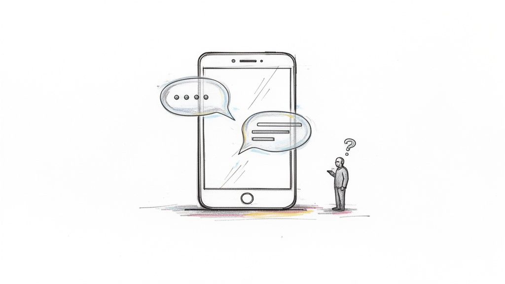 A perplexed person questions a smartphone displaying chat bubbles with messages and typing indicator.