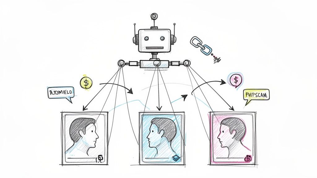 A robot (bot) interacts with three user profile cards, showing data flow, money symbols, and text.