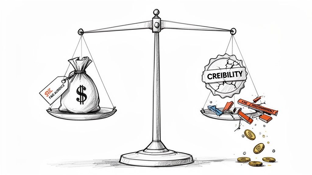 A balance scale: money for 'fake audiences' on one side, broken 'credibility' losing coins on the other.