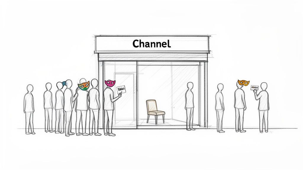 People in masks queue outside a 'Channel' store, holding 'Sales' and 'Goals' signs.