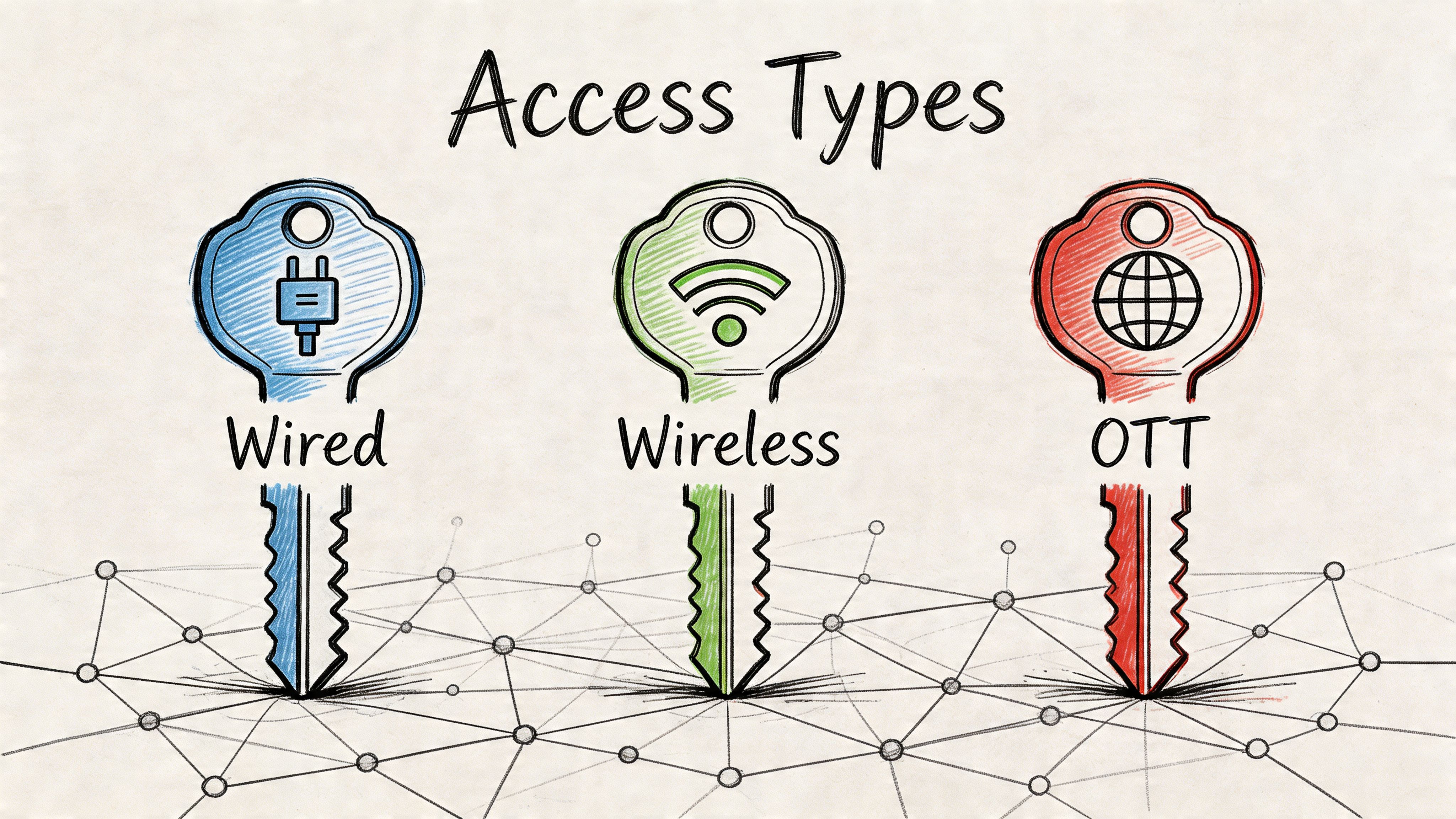 Three stylized keys representing different network access types: Wired, Wireless, and OTT connections illustrated with icons.