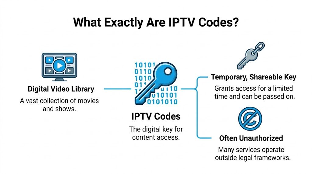 An infographic explaining how IPTV codes function as digital keys for accessing unauthorized streaming video libraries.