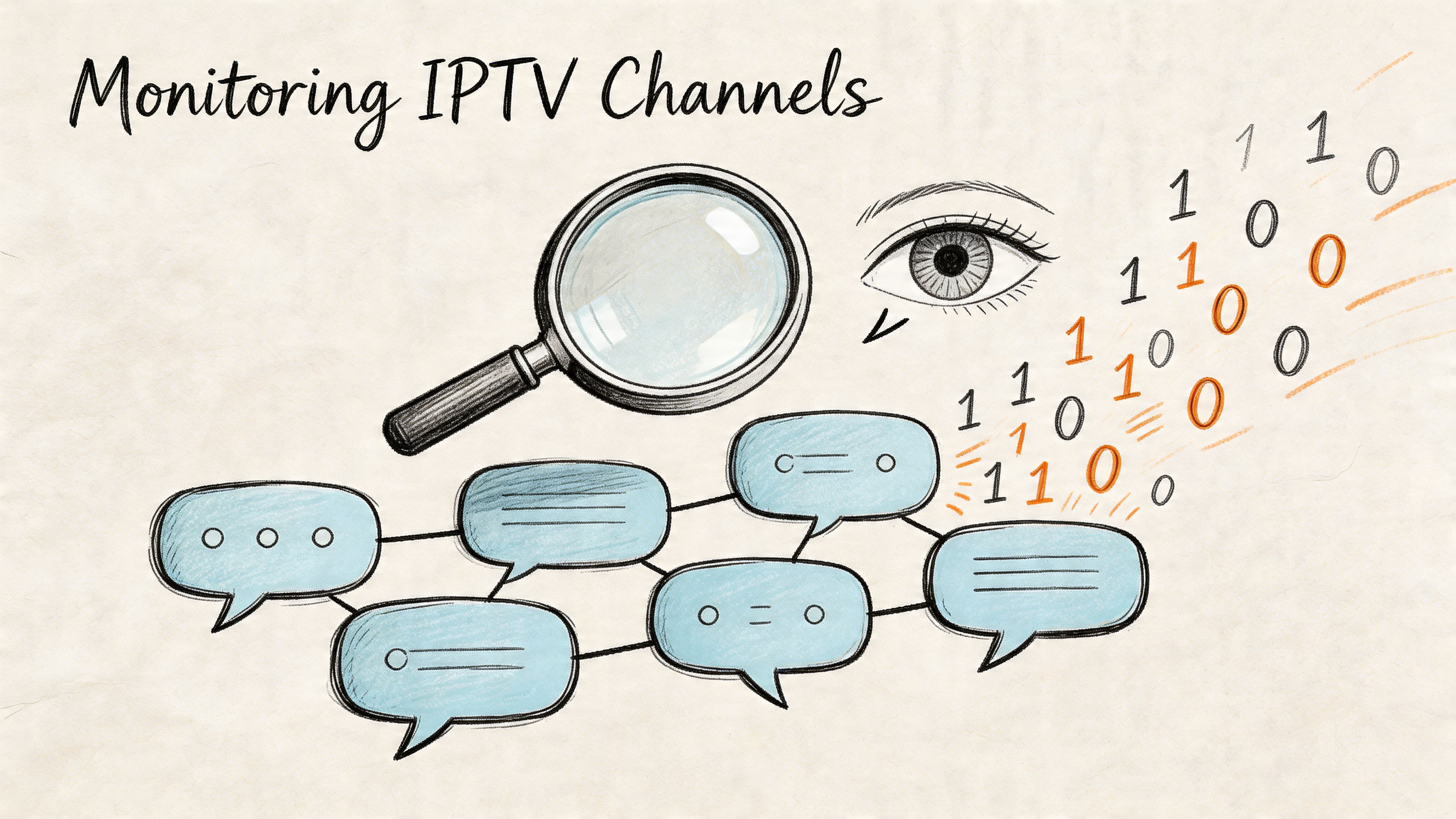 A hand-drawn illustration depicting a magnifying glass and eye monitoring digital binary data flow from chat bubbles.