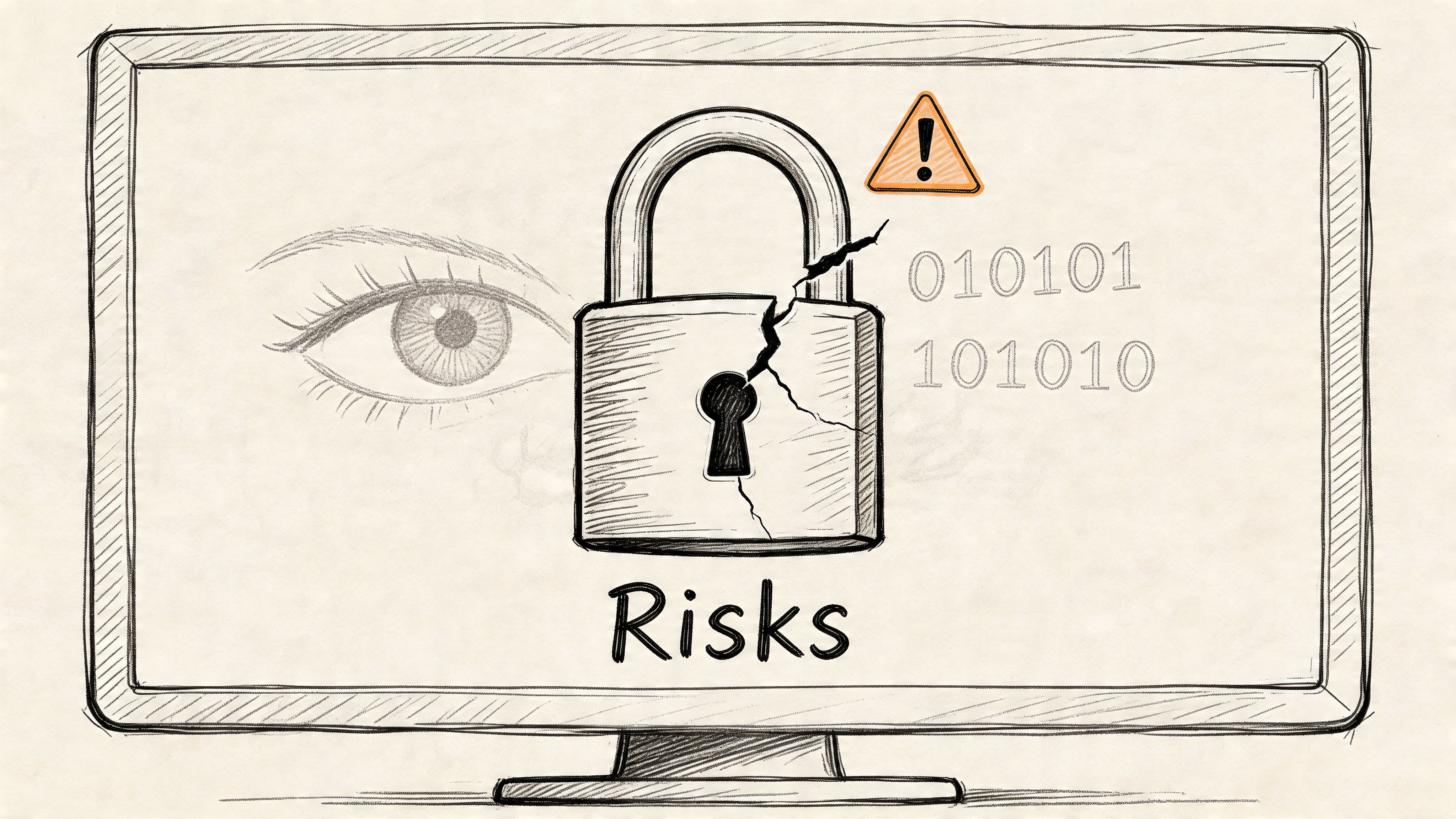 A conceptual sketch showing a cracked padlock, an eye, and binary code, symbolizing cybersecurity risks.