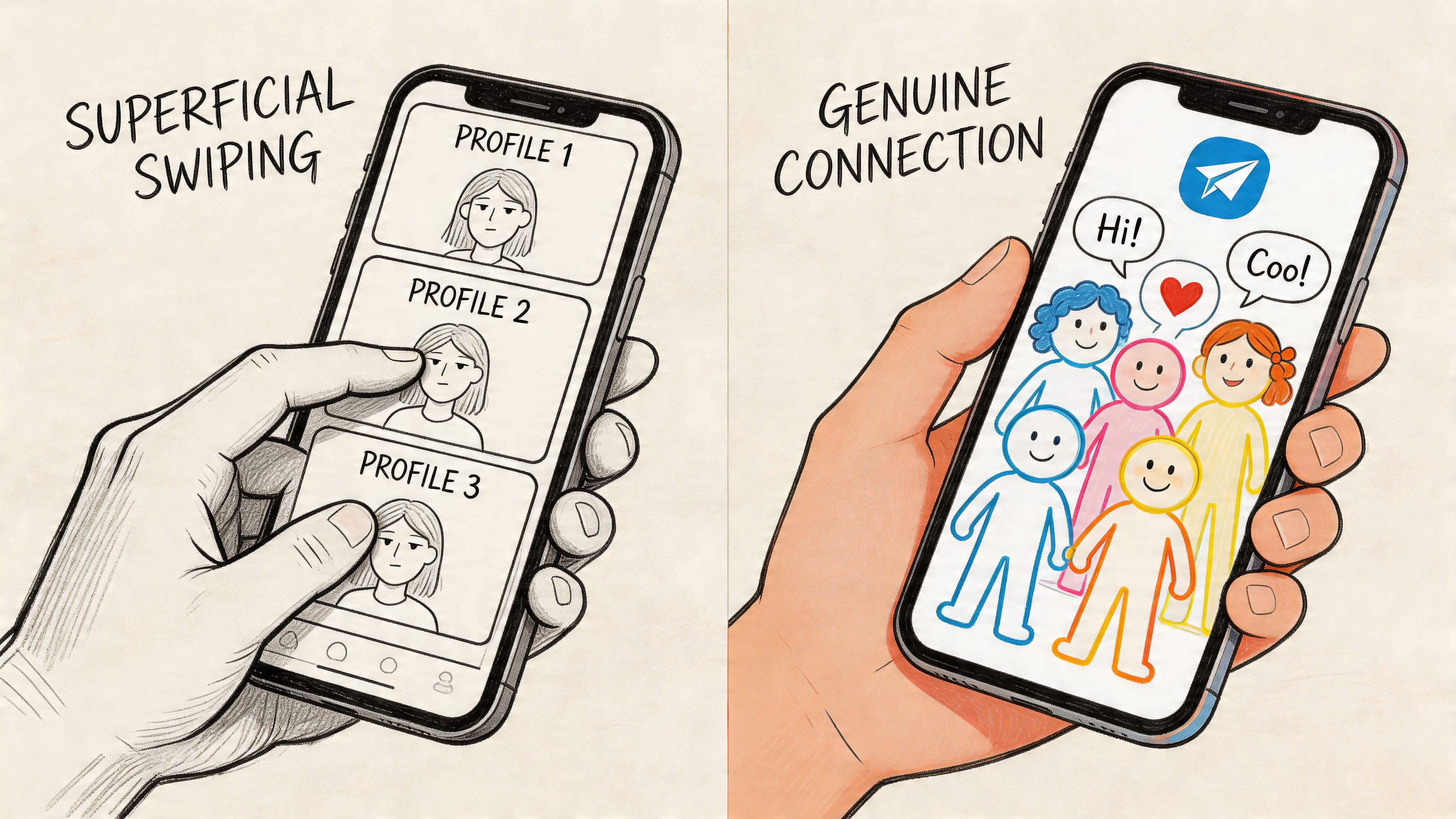 A split illustration comparing superficial dating app swiping to building genuine connections within a Telegram group chat.