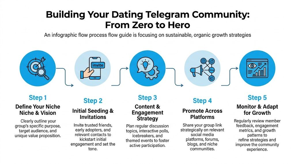A five-step infographic guide illustrating strategies for building and growing an active dating Telegram community.