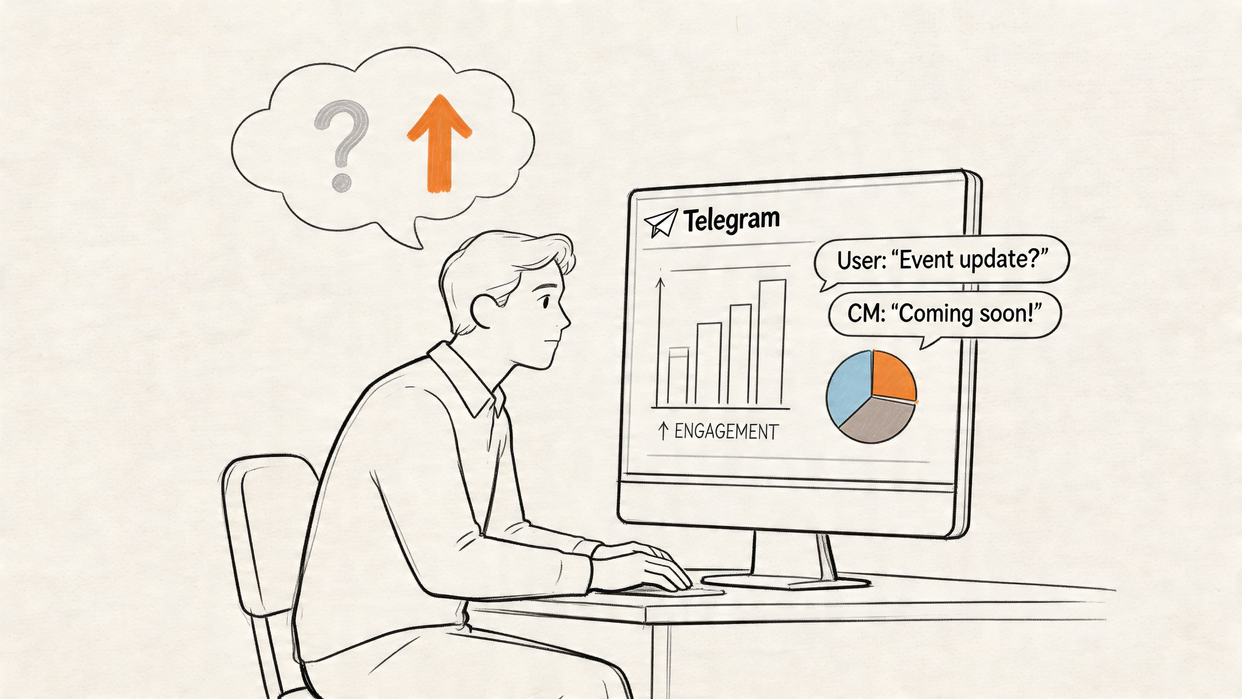 A line drawing of a person sitting at a computer monitoring Telegram engagement metrics and community communication.