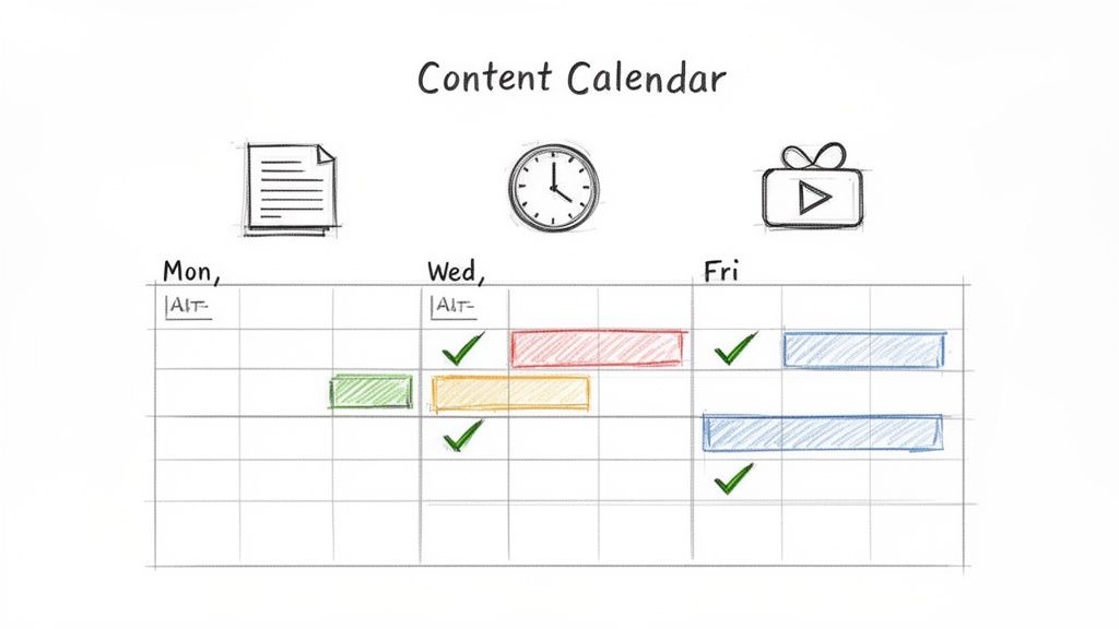 A hand-drawn content calendar showing tasks scheduled for Monday, Wednesday, and Friday with checkmarks.