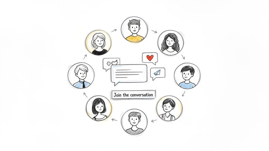 A circular network of diverse people's avatars communicating with speech bubbles, a heart, and 'Join the conversation' text.
