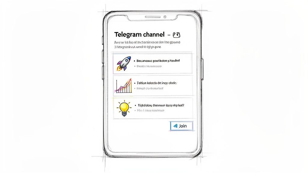 A hand-drawn sketch of a smartphone screen showing a Telegram channel with feature highlights and a 'Join' button.