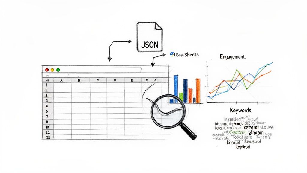 Workflow showing JSON data imported into a spreadsheet, then analyzed to generate charts and keywords.