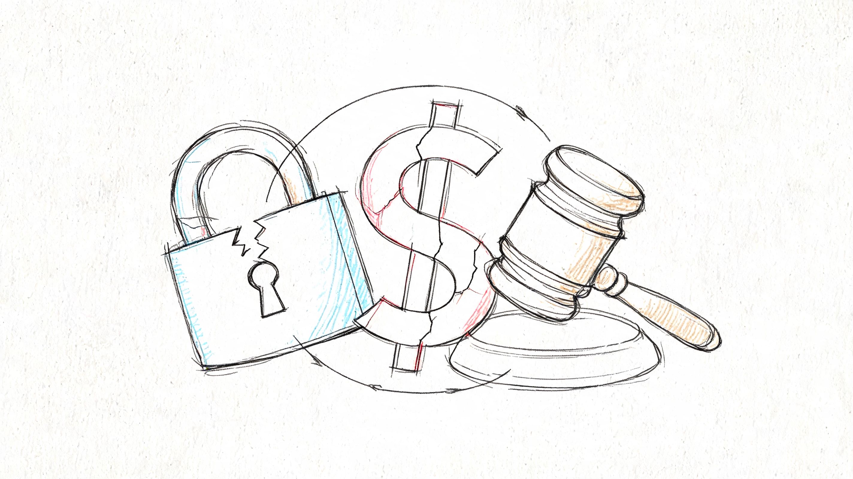 A sketched illustration showing a broken padlock, a cracked dollar sign, and a judge's wooden gavel.