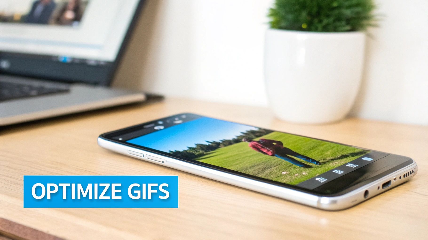 Smartphone displaying a green field image on a wooden desk with a 'OPTIMIZE GIFS' banner.