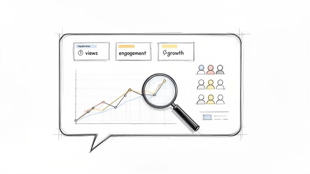 A hand-drawn analytics dashboard in a speech bubble, visualizing views, engagement, and growth data.