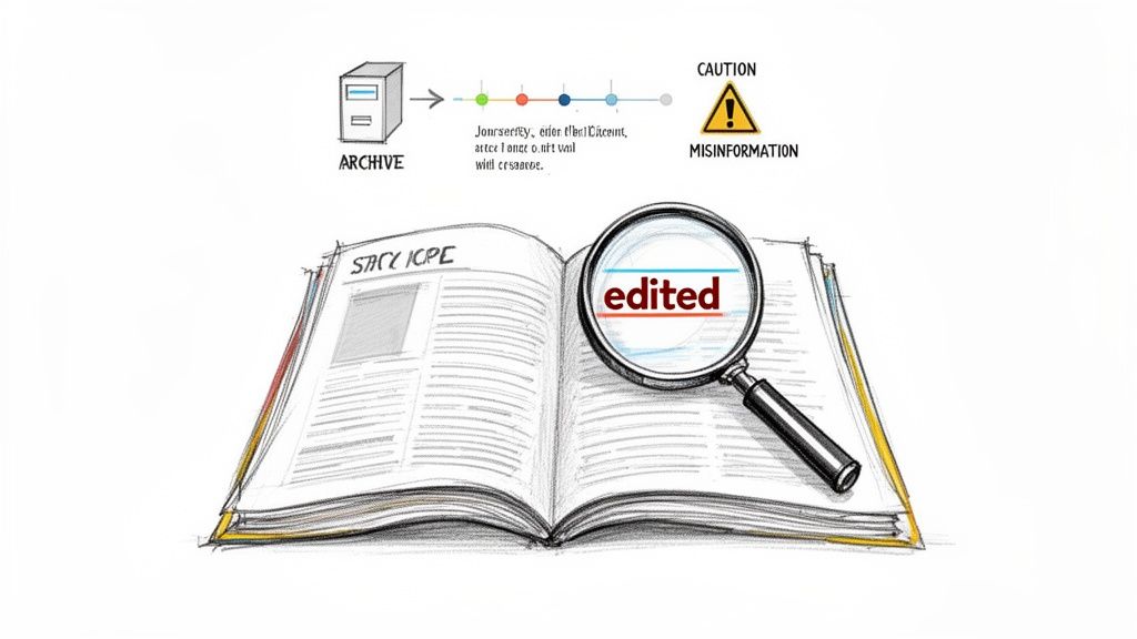 An image showing information flow from archive, through edits, to misinformation, highlighted by 'edited' text in a book.