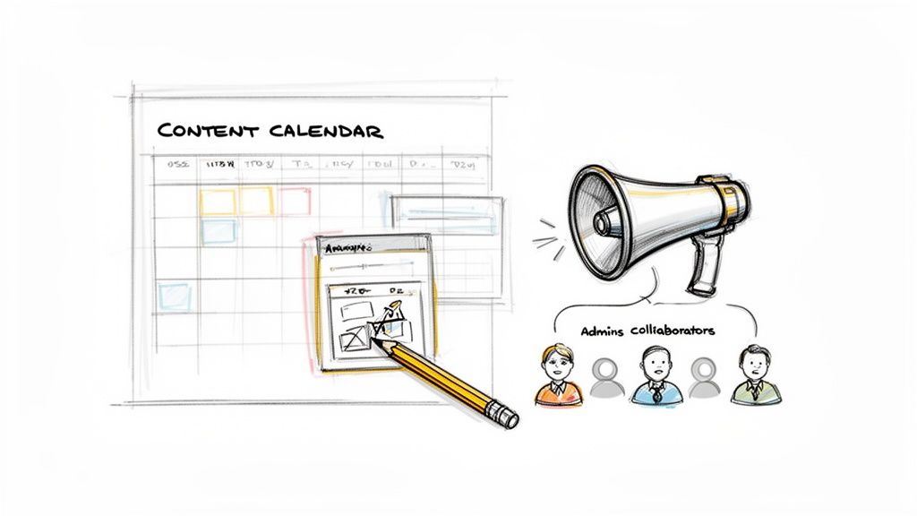 Sketch illustration of a content calendar, showing content planning, collaboration, and marketing efforts.