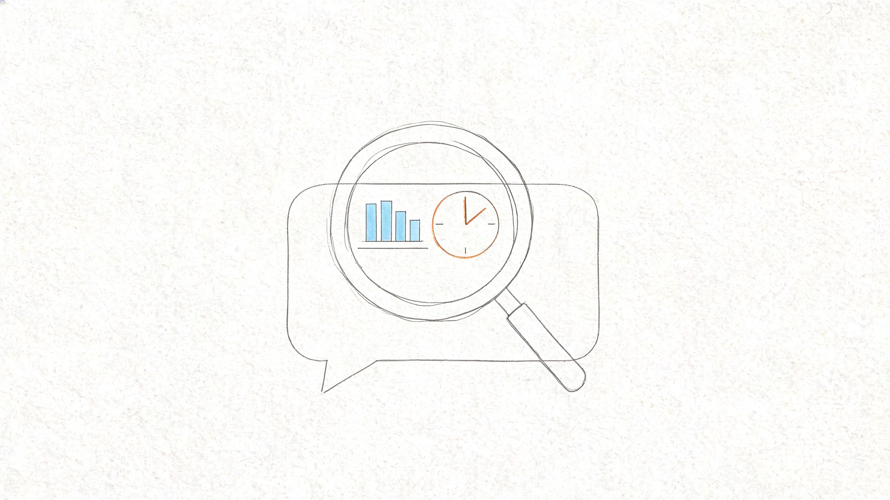 A minimalist sketch of a magnifying glass over a bar graph and clock within a speech bubble.