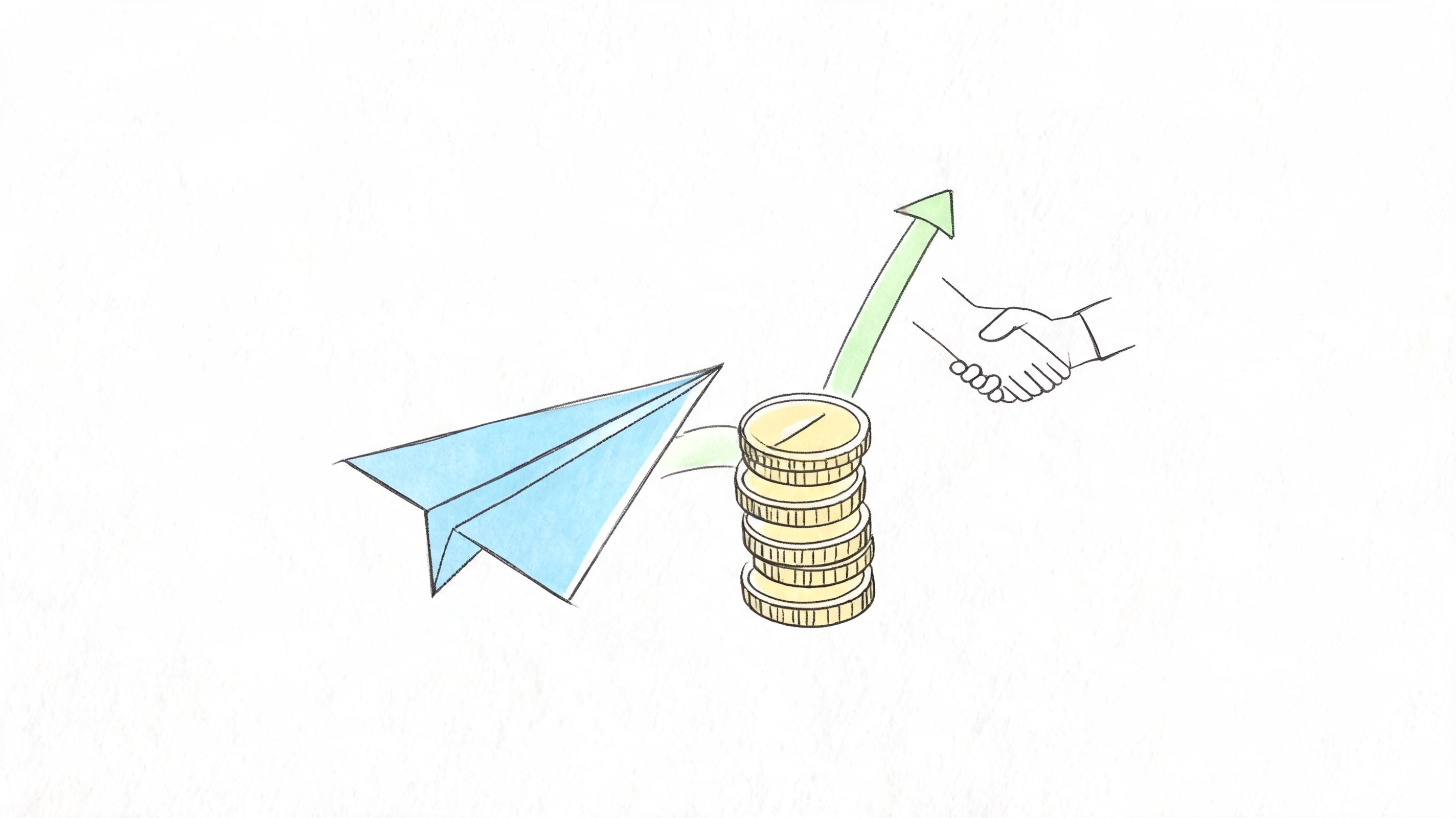A light blue paper plane flying towards a stack of gold coins with a growing arrow and handshake.