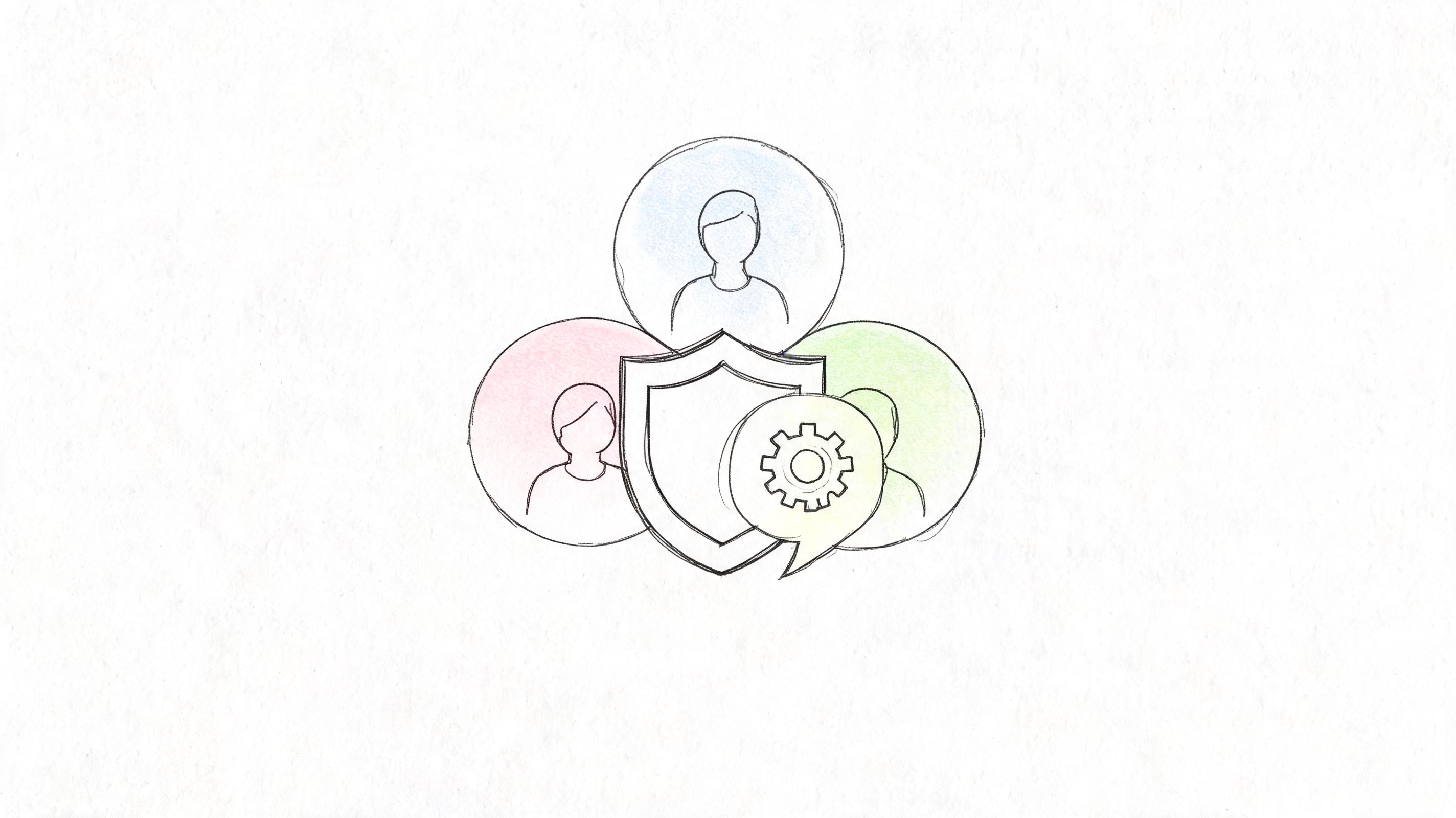 A hand-drawn illustration showing a central shield icon protecting a group of three stylized people figures.
