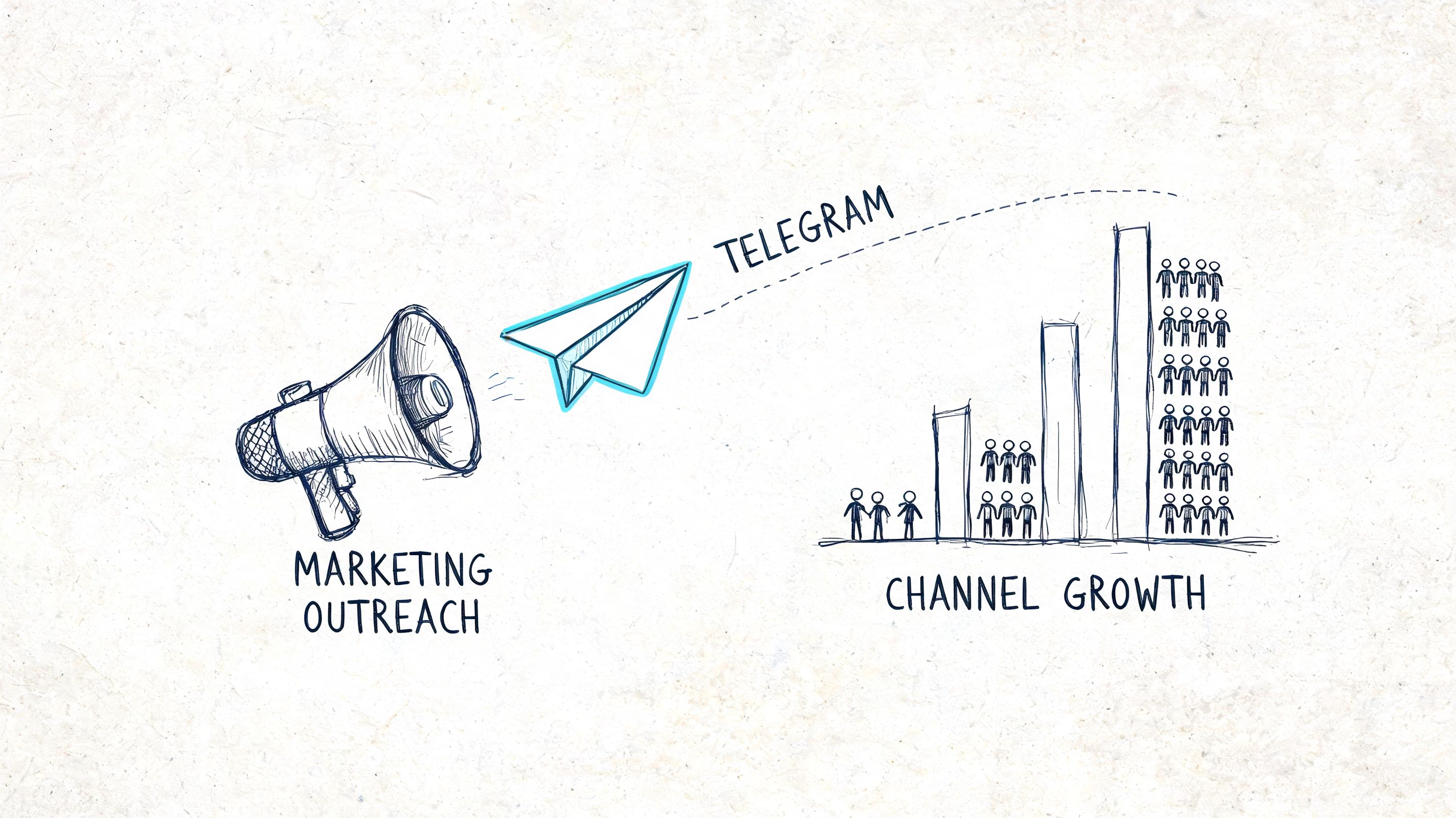 A hand-drawn illustration showing a megaphone sending a paper airplane towards a growing bar chart of people.