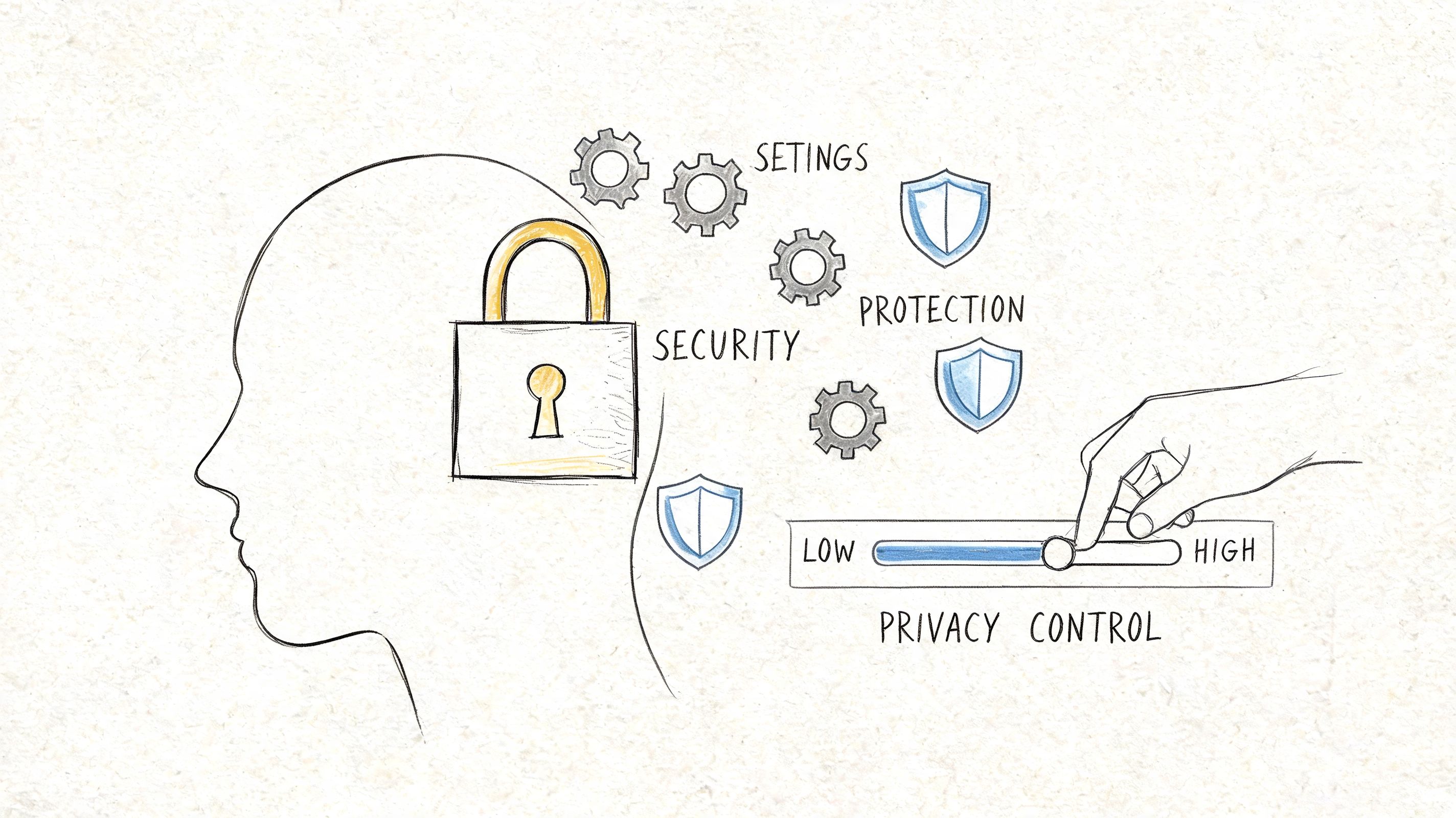 A conceptual illustration of privacy control with a human profile, padlock, gears, shields, and a slider.