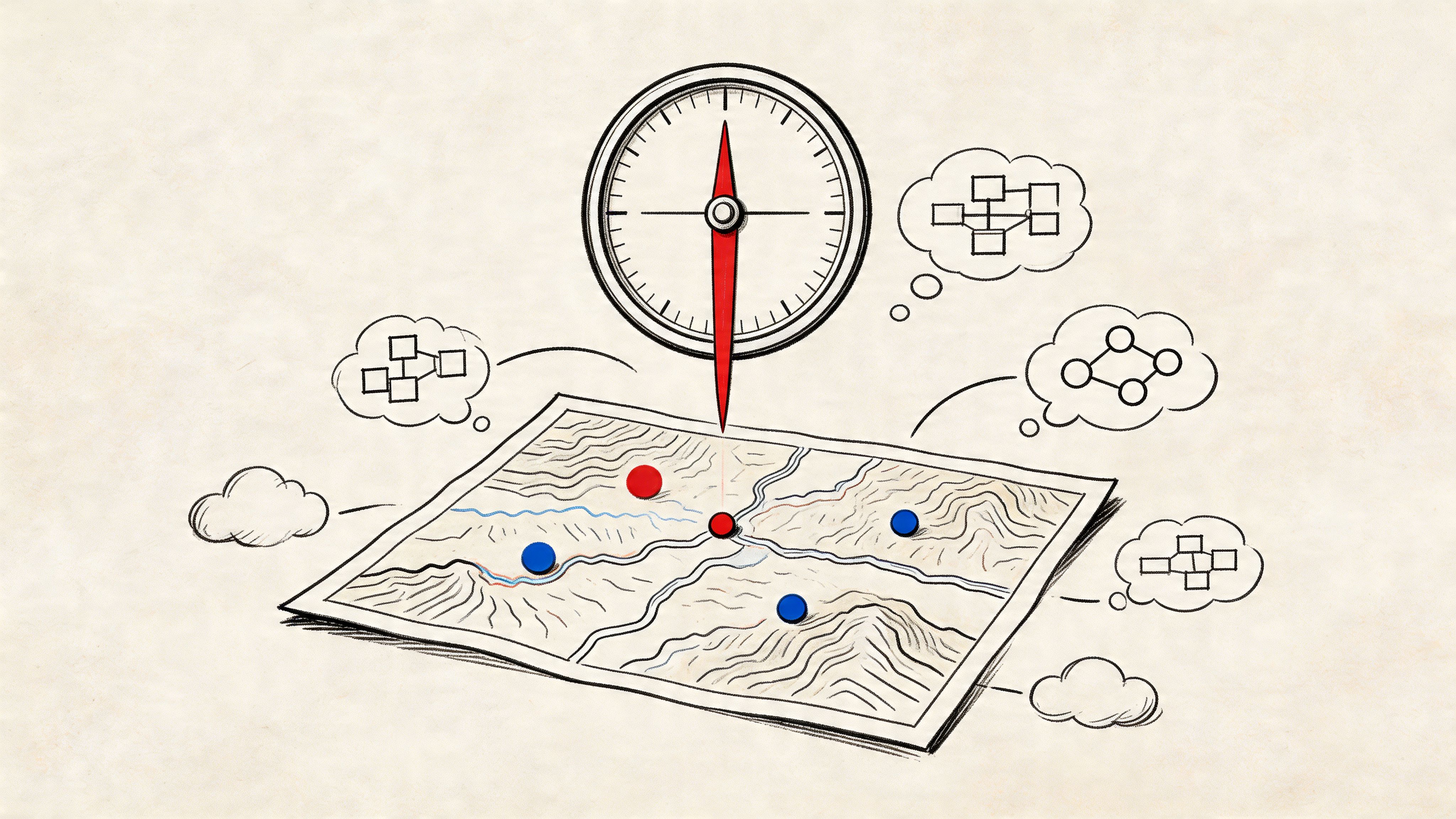 A compass pointed at a map with various network charts surrounding it, representing strategic growth planning.