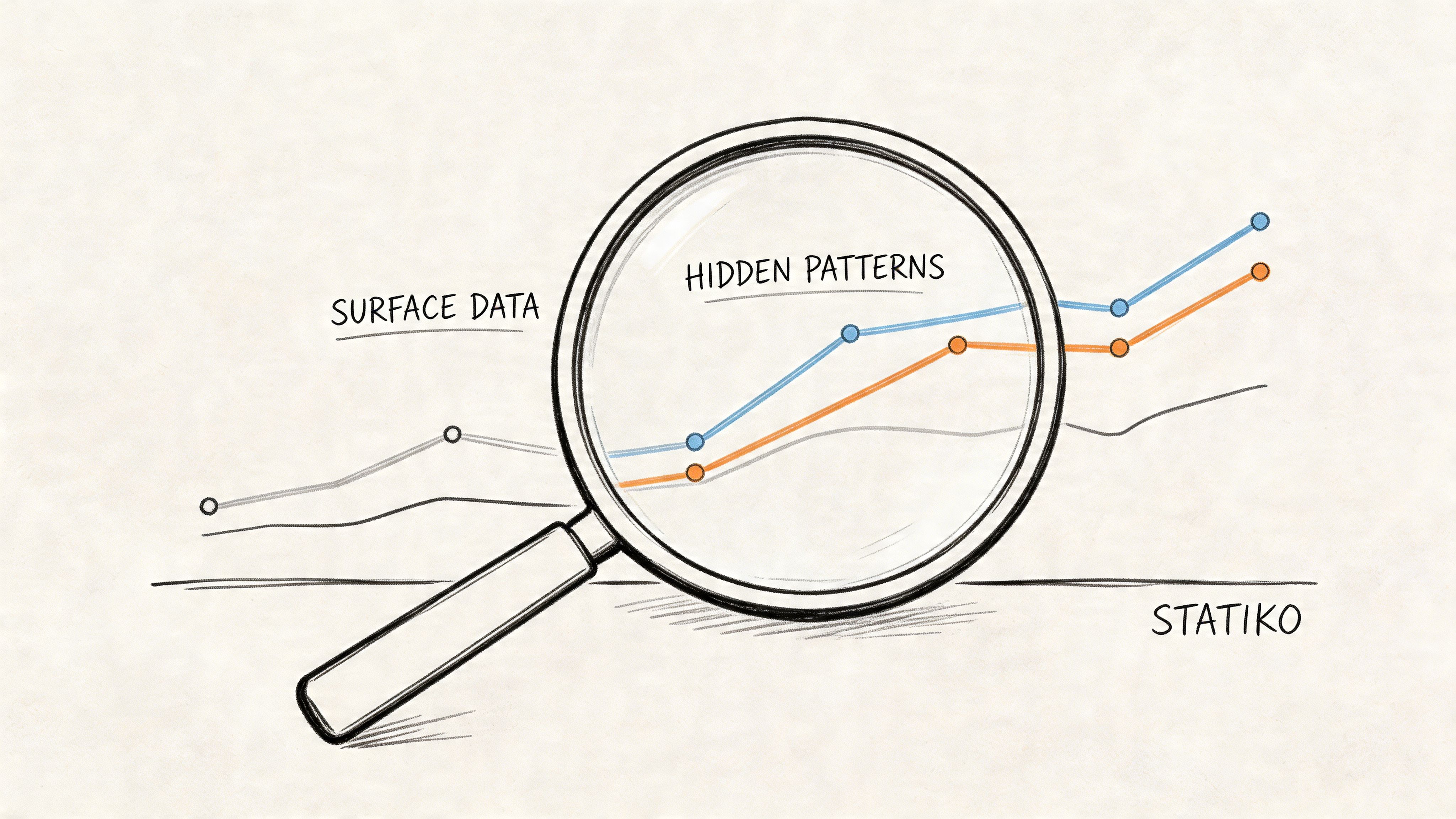 A magnifying glass focusing on hidden data patterns within a line graph on a paper background.