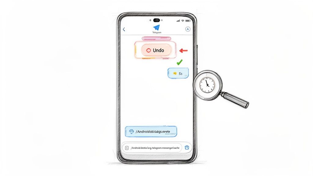 Telegram app on a smartphone displaying an undo option with a 5-second timer and file messages.