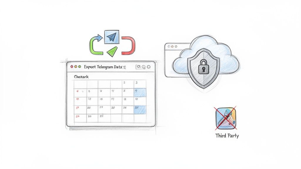 A sketch illustrating secure Telegram data export with a calendar, cloud security, and no third-party apps.