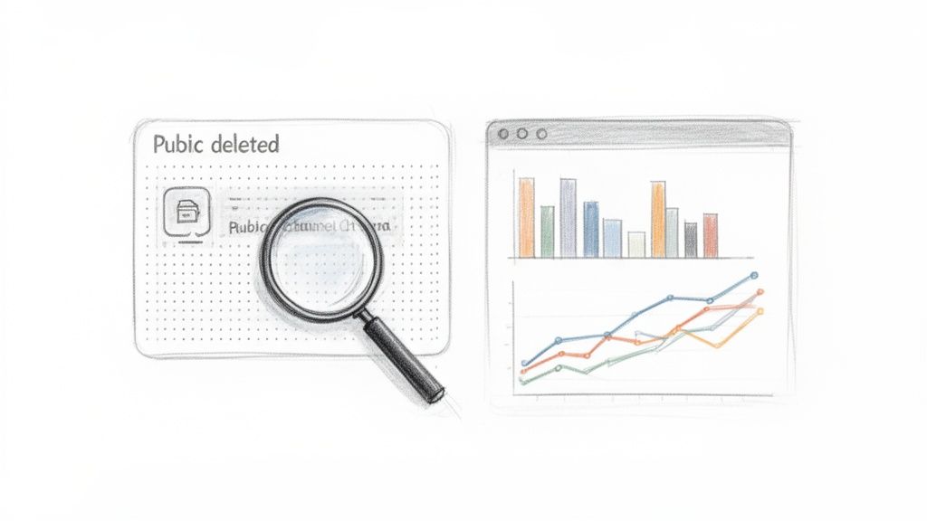 A sketch showing data analytics charts next to a magnifying glass over 'Public deleted' content.