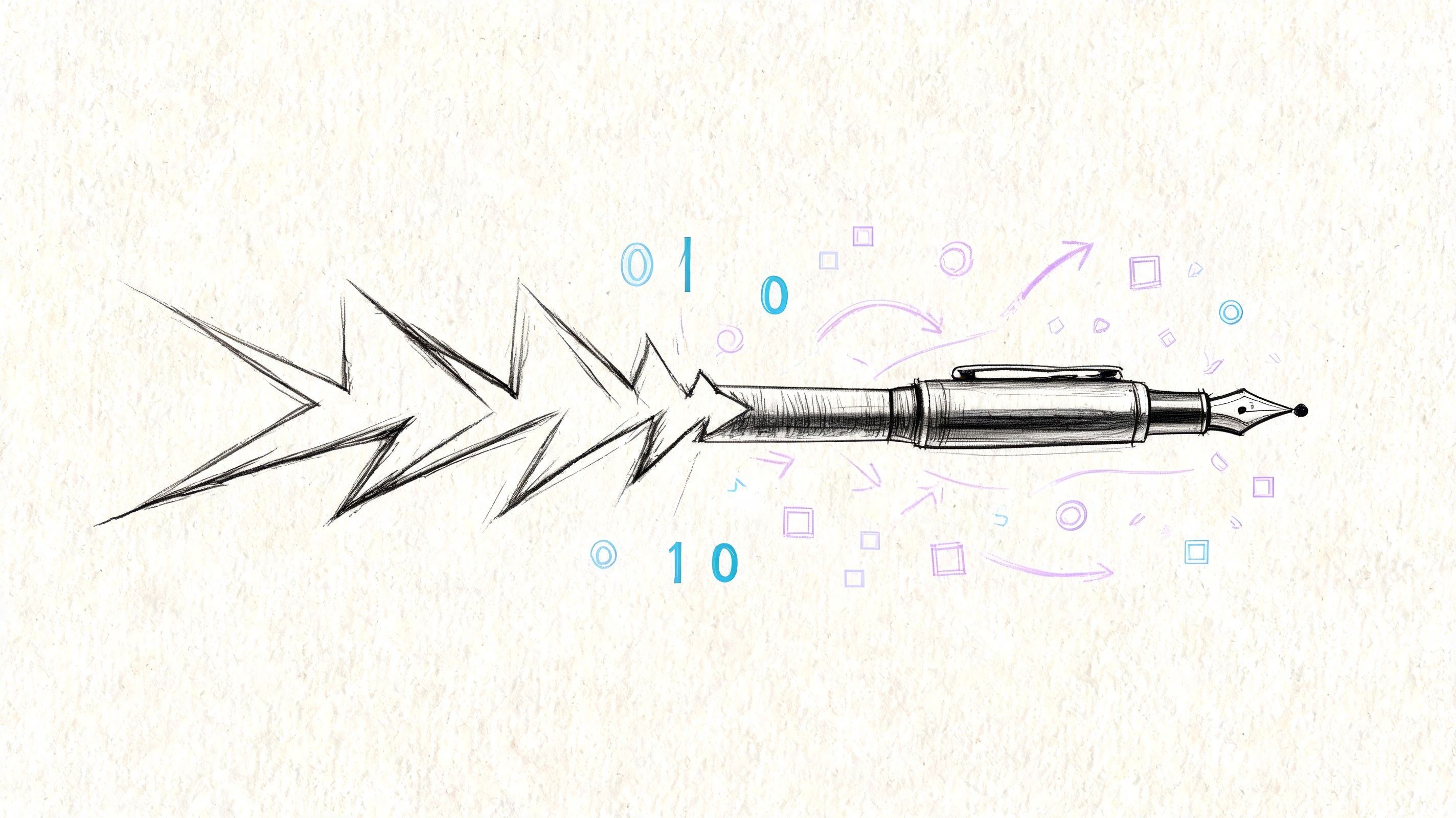 A sketched fountain pen transforming into digital lightning and binary code on a paper background.