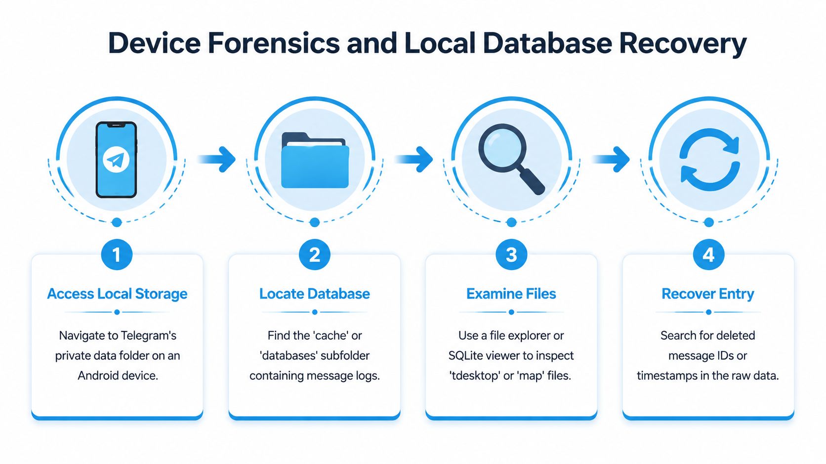 A four-step infographic illustrating the process for forensic recovery of deleted Telegram messages from Android device storage.