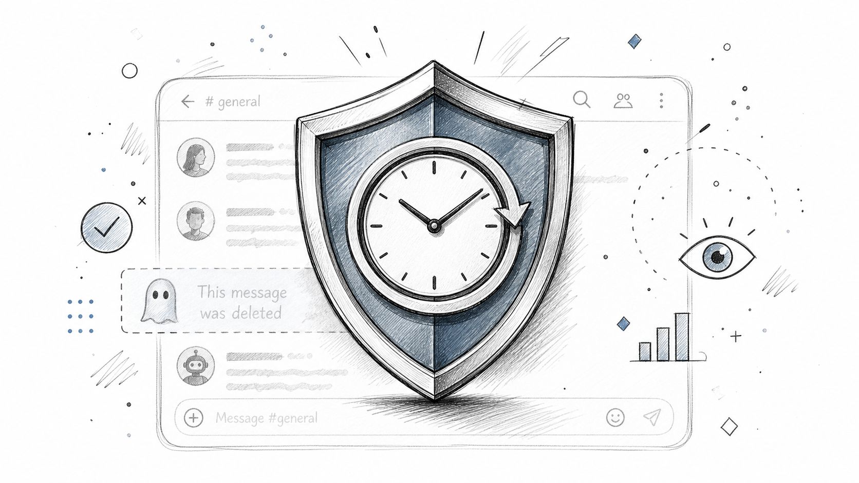 A pencil-style illustration featuring a shield with a clock icon representing secure or timed message deletion.