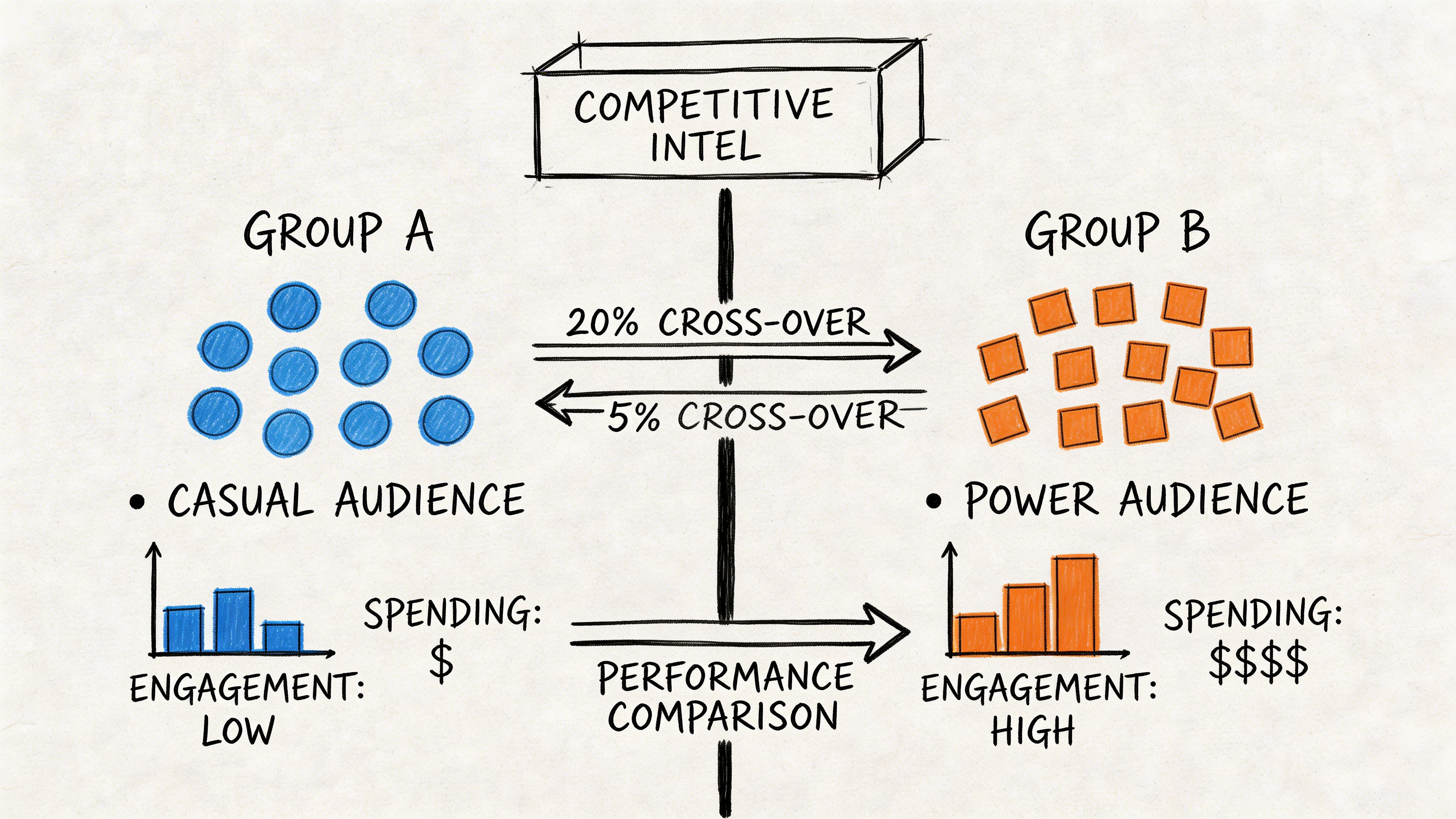 A conceptual diagram showing a competitive intel comparison between casual audience and power audience groups.
