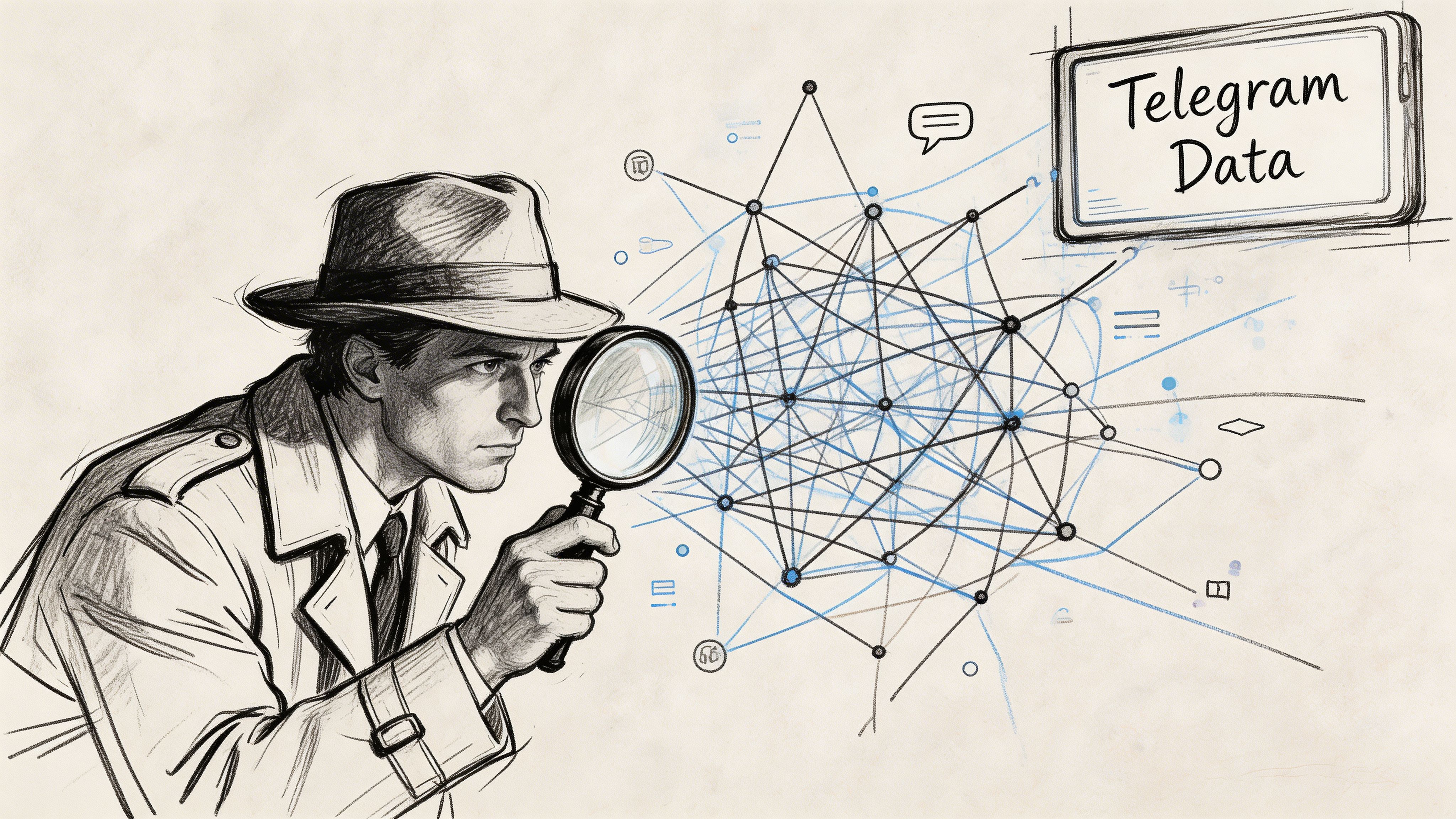A detective in a trench coat examines a complex web of data connections related to Telegram.
