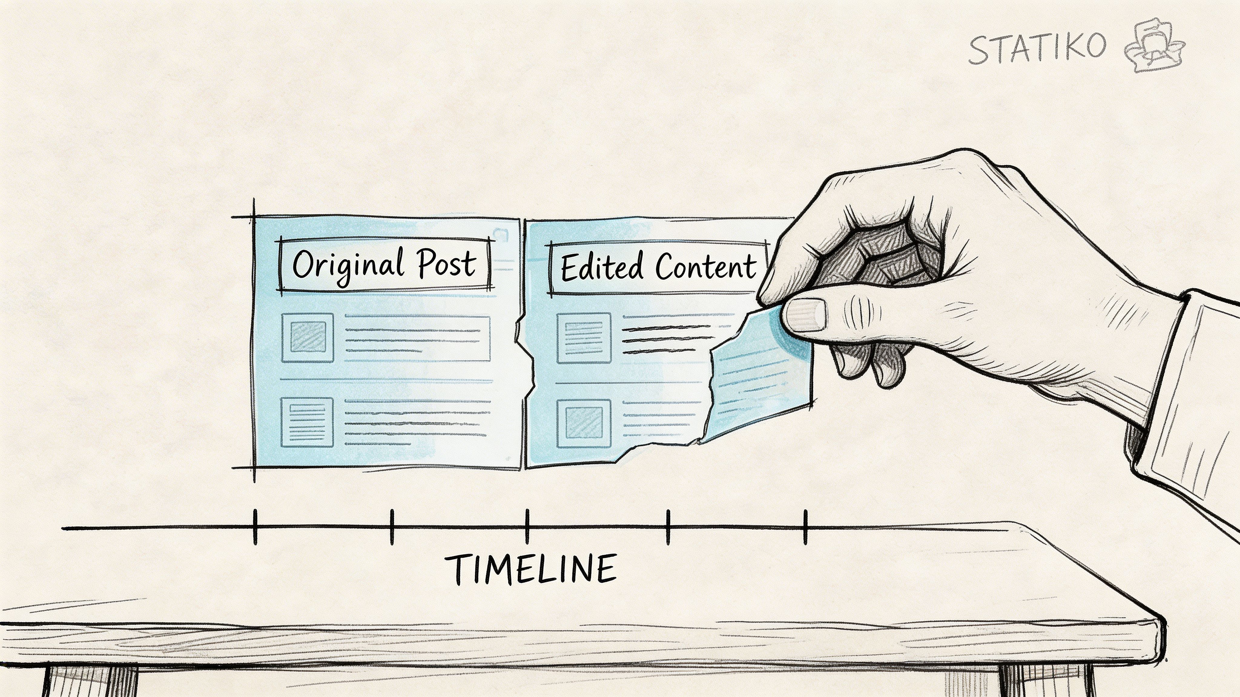 A hand peels back a layer of an edited post to reveal the original content on a timeline.