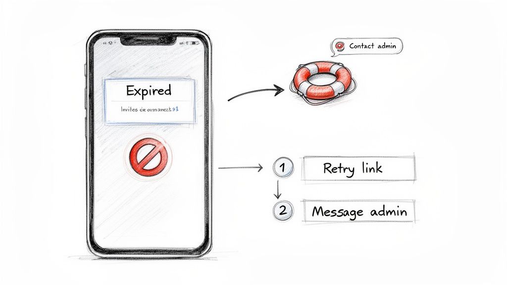 Smartphone shows an 'Expired' message with options: contact admin for help or retry link and message admin.
