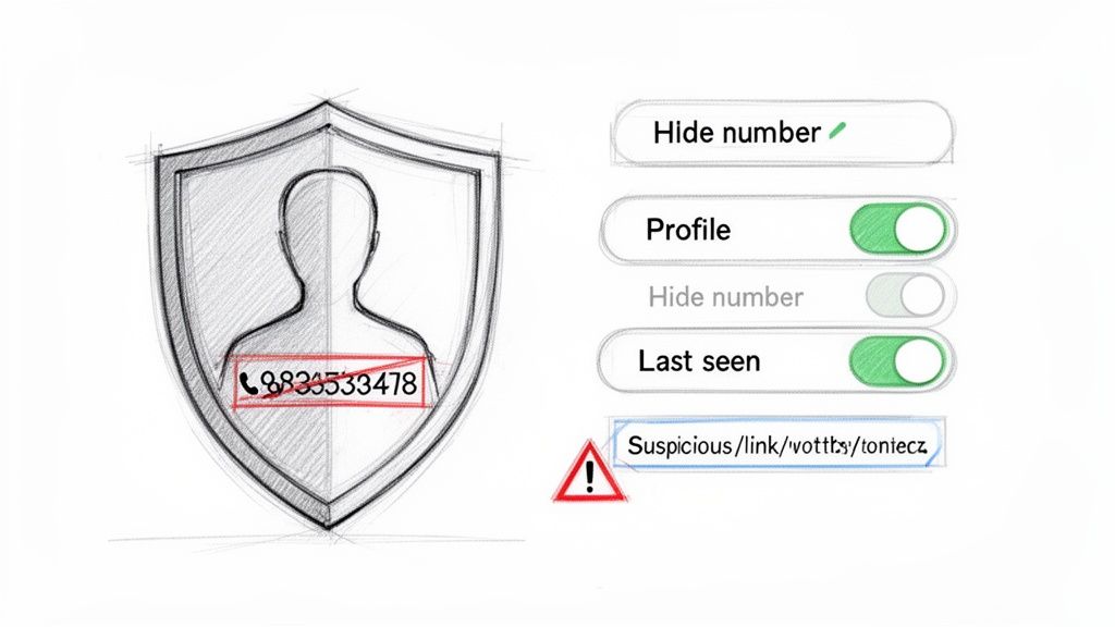 A sketch of a person inside a shield with a crossed-out phone number, showing privacy settings and a suspicious link warning.